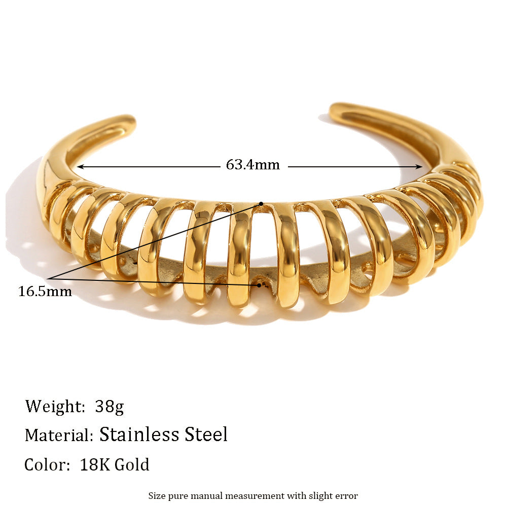Minimalist Wave-Shape Stainless Steel Plated 18K Gold Hollow Bangle for Women