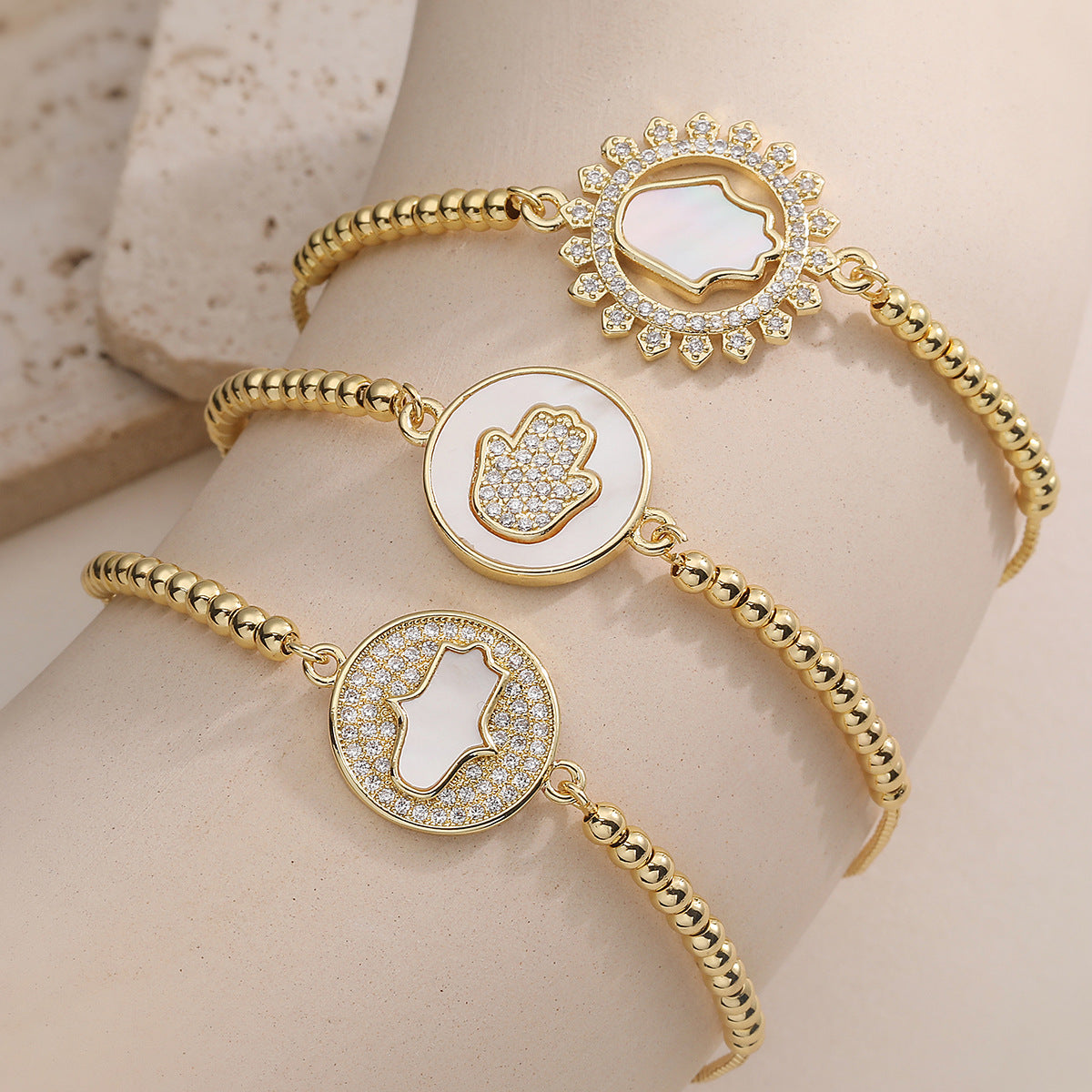 Minimalist 18K Gold Plated Brass Geometric Hand Bracelet with Cubic Zirconia for Women