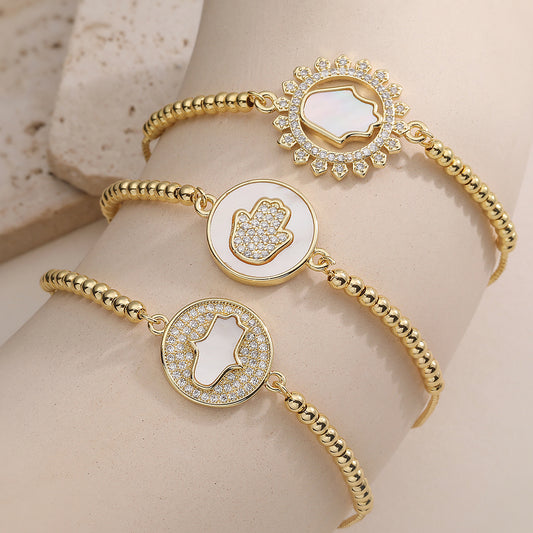 Minimalist 18K Gold Plated Brass Geometric Hand Bracelet with Cubic Zirconia for Women