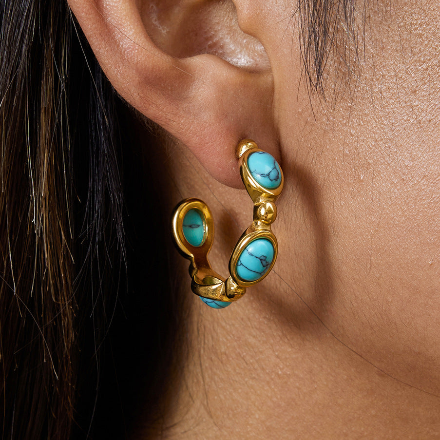 Aretes Geométricos de Perlas de Resina Turquesa en Acero de Titanio con Acabado Galvanizado para Mujer