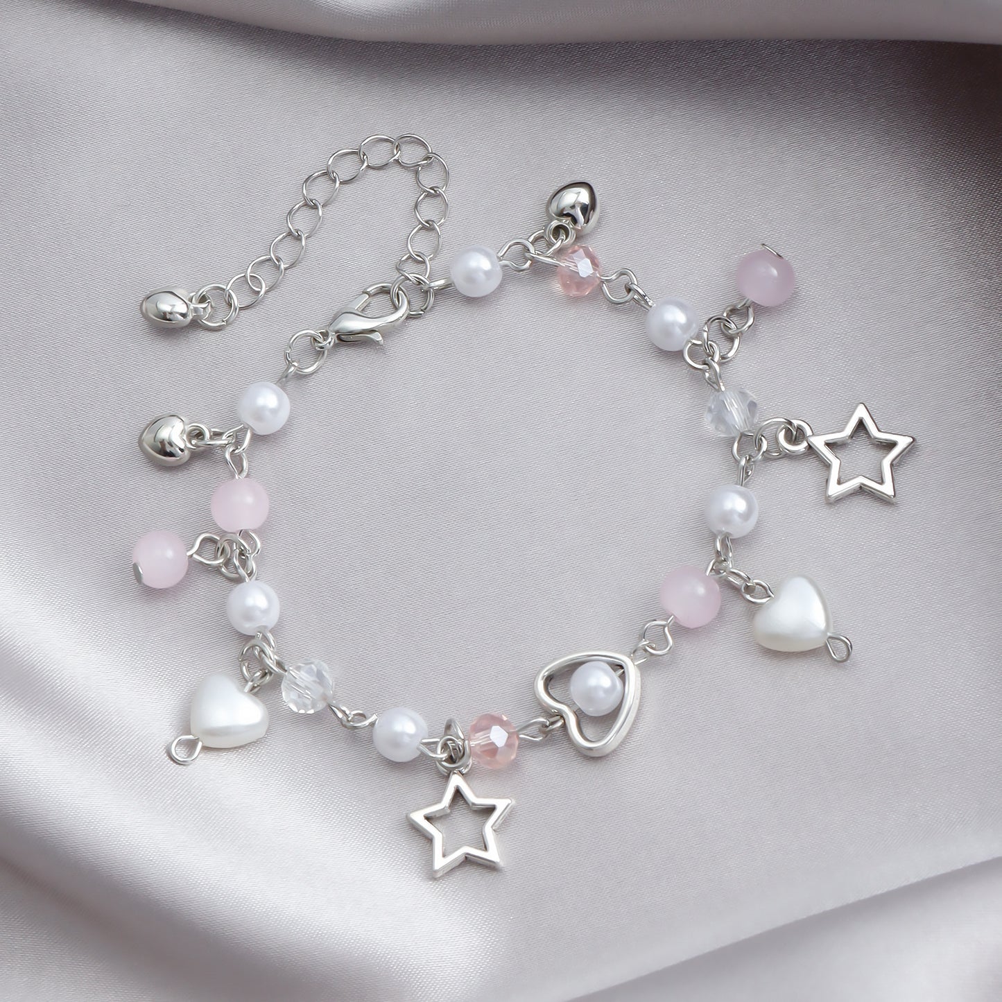Sweet Fresh Heart and Star Shaped Tassel Bracelet with Simulated Pearl and Crystal Accents Electroplated Metal Minimalist Jewelry