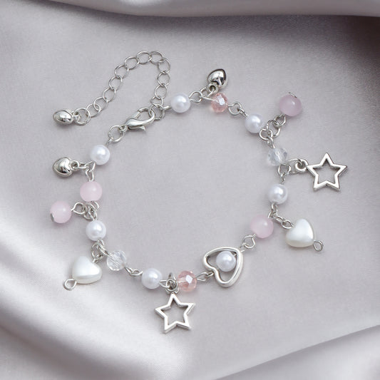Pulsera de borlas con forma de corazón dulce y fresco y estrellas, con perlas y cristales de imitación, metal electrochapado, joyería minimalista