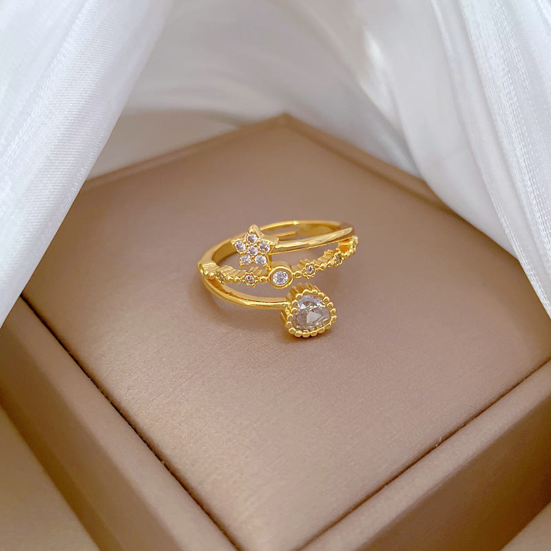 Kawaii Fresh and Sweet Plated Brass Heart Star Ring Adjustable Minimalist Jewelry for Women