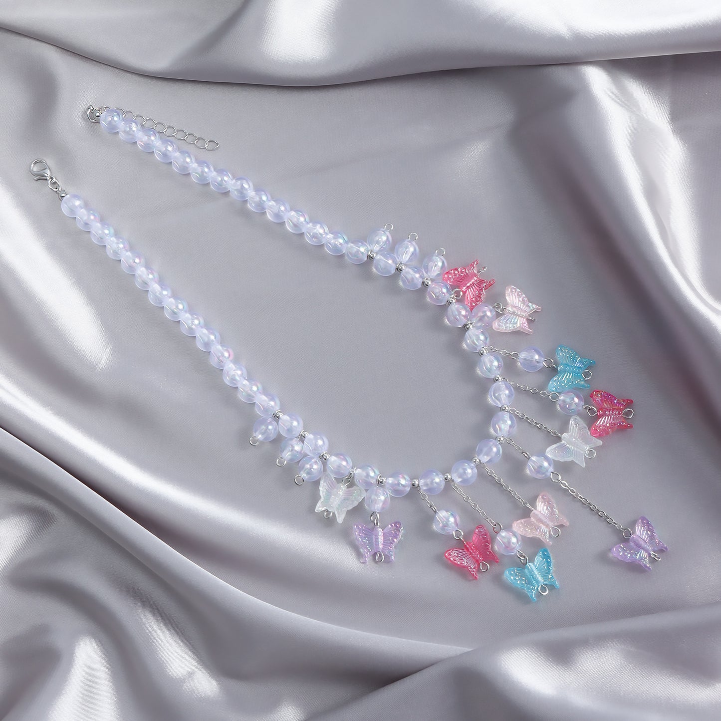 Fashionable Butterfly Pendant Necklace for Women with Resin Beads Geometric Design Plated Alloy Charm and Tassel Detail