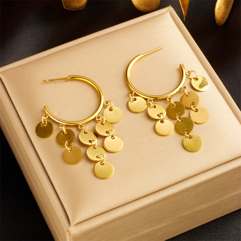 Vintage Minimalist Gold-Plated Titanium Steel Geometric Pendant Earrings with Tassel Detail for Women