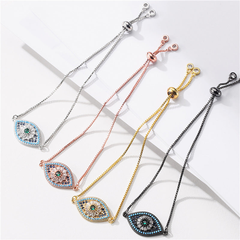 Minimalist Geometric Eye Brass Box Chain Bracelet with Micro-Inlaid Colorful Cubic Zirconia Adjustable Drawstring