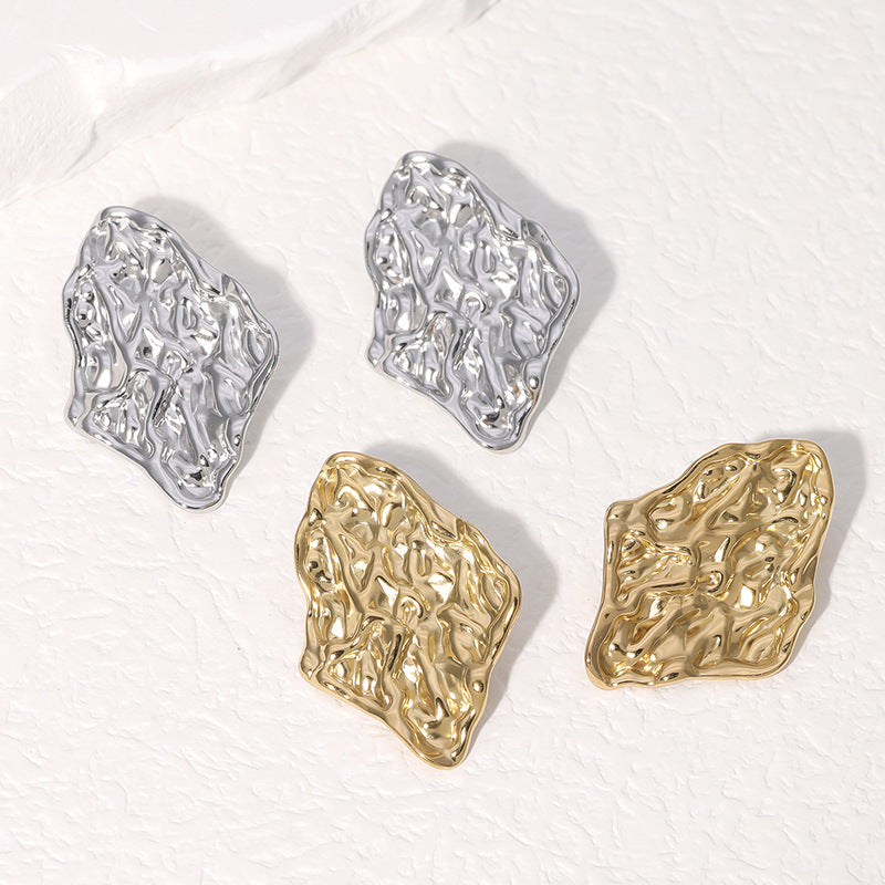 Fashionable French-Style Stainless Steel Stud Earrings with Irregular Pleated Design for Women