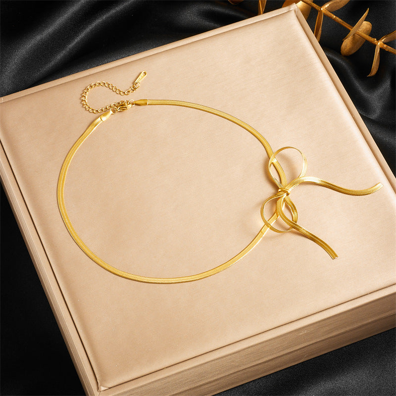 Minimalist Plated Stainless Steel Bow Snake Chain Necklace for Women