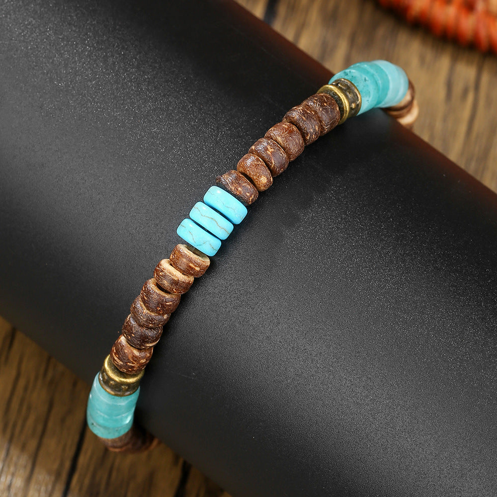 Hip-hop Geometric Round Wood Turquoise Beaded Bracelet for Men and Women