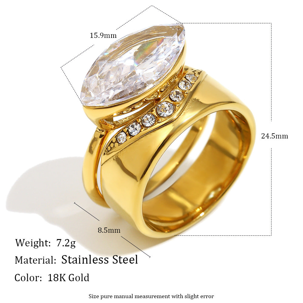 Minimalist Geometric Stainless Steel Ring with 18K Gold Plating and Colored Zirconia for Women