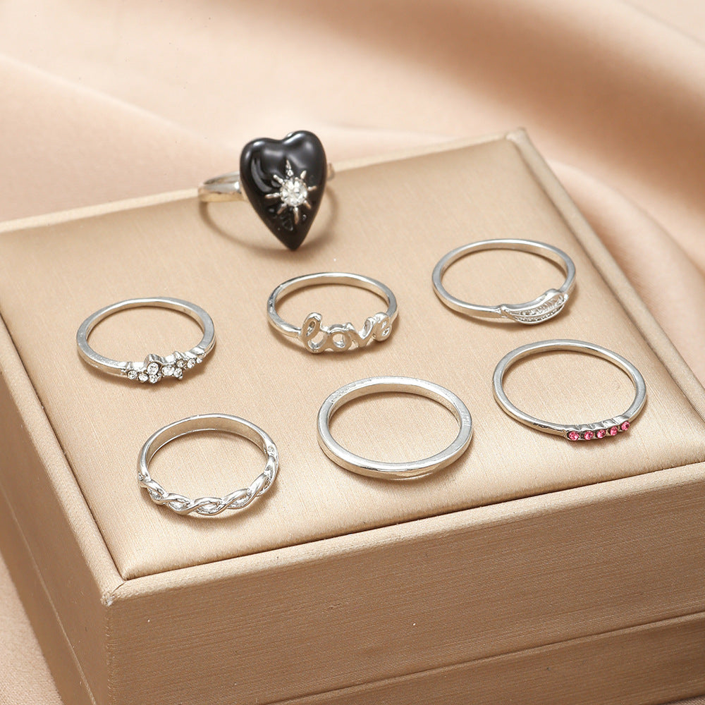 Sweet Casual Drip Oil Heart Letter Alloy Ring with Rhinestone and Crystal Inlay