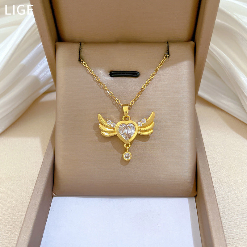 Sweet Elegant Heart Rhinestone Titanium Steel Necklace with Wing Tassel for Unisex