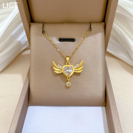 Sweet Elegant Heart Rhinestone Titanium Steel Necklace with Wing Tassel for Unisex