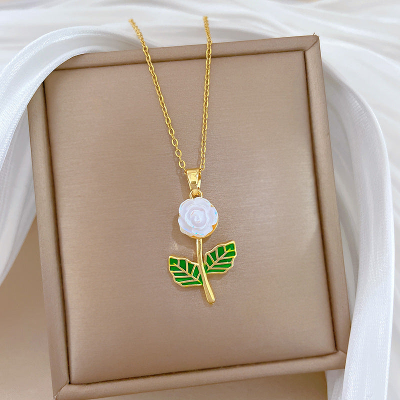 Sweet Elegant Drip Oil Floral Moon Rhinestone Pendant Necklace Titanium Steel Cable Chain for Unisex