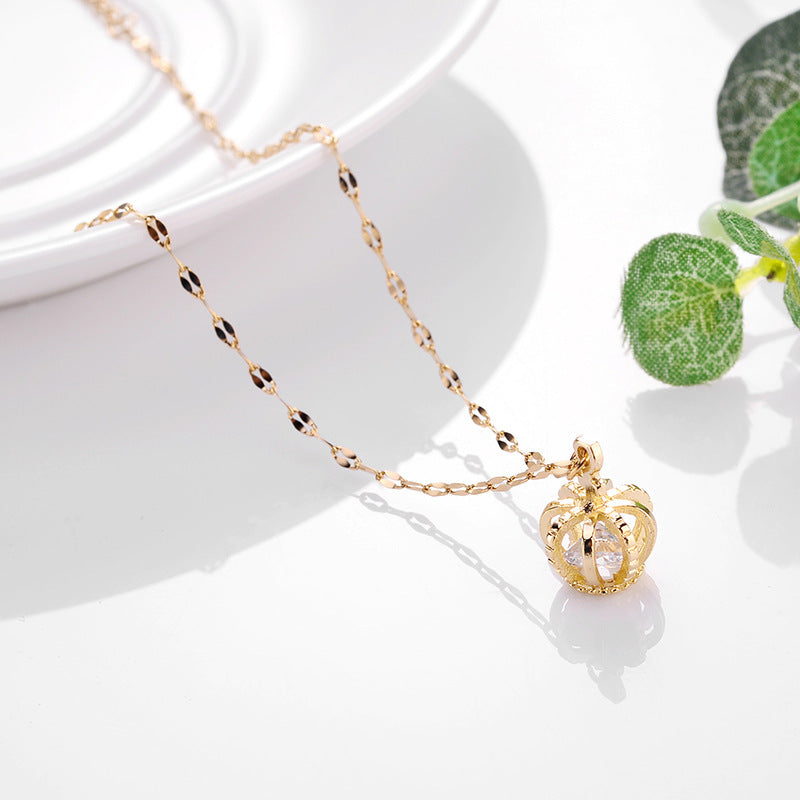 Natural Geometric Crown Pendant 18K Rose Gold Plated Titanium Steel Water Wave Chain Necklace for Women
