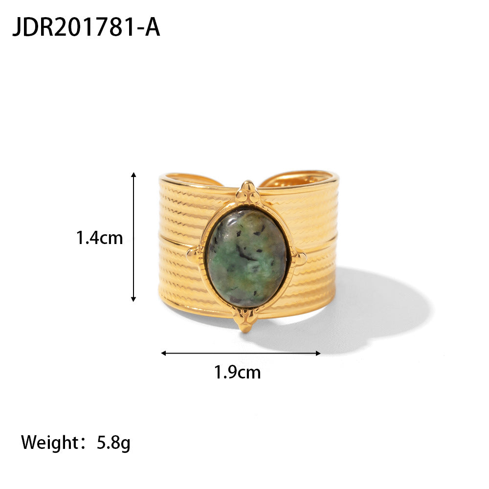 Anello da donna con intarsio in pietra, design geometrico irregolare, in acciaio inossidabile placcato oro 18K, stile vintage francese