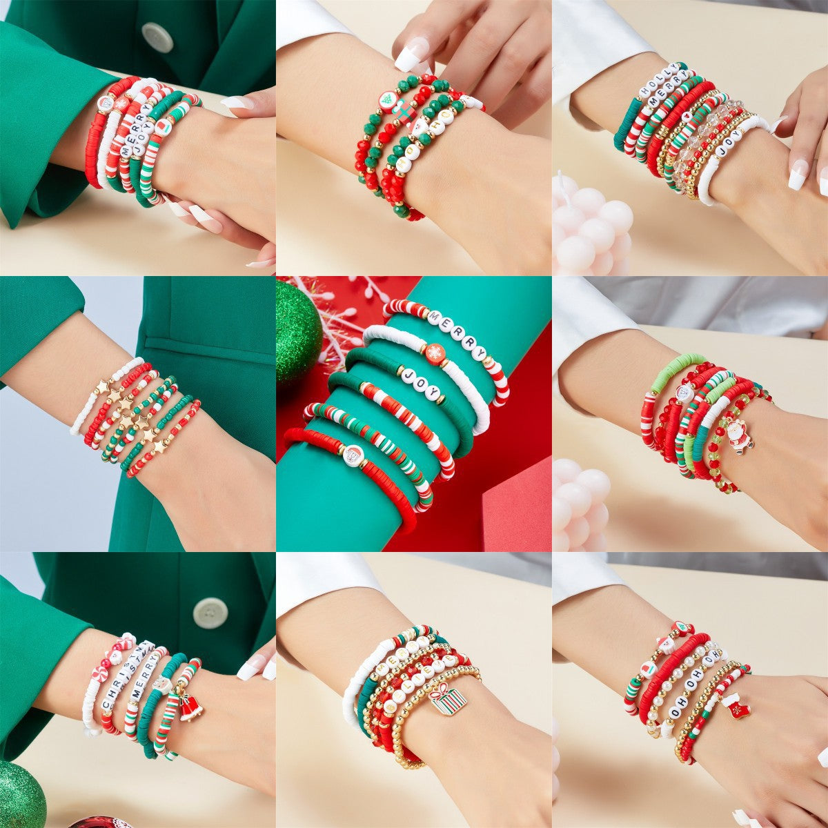 Casual Geometric Resin and Crystal Beaded Bracelet with Snowflake and Christmas Bell Charms for Women