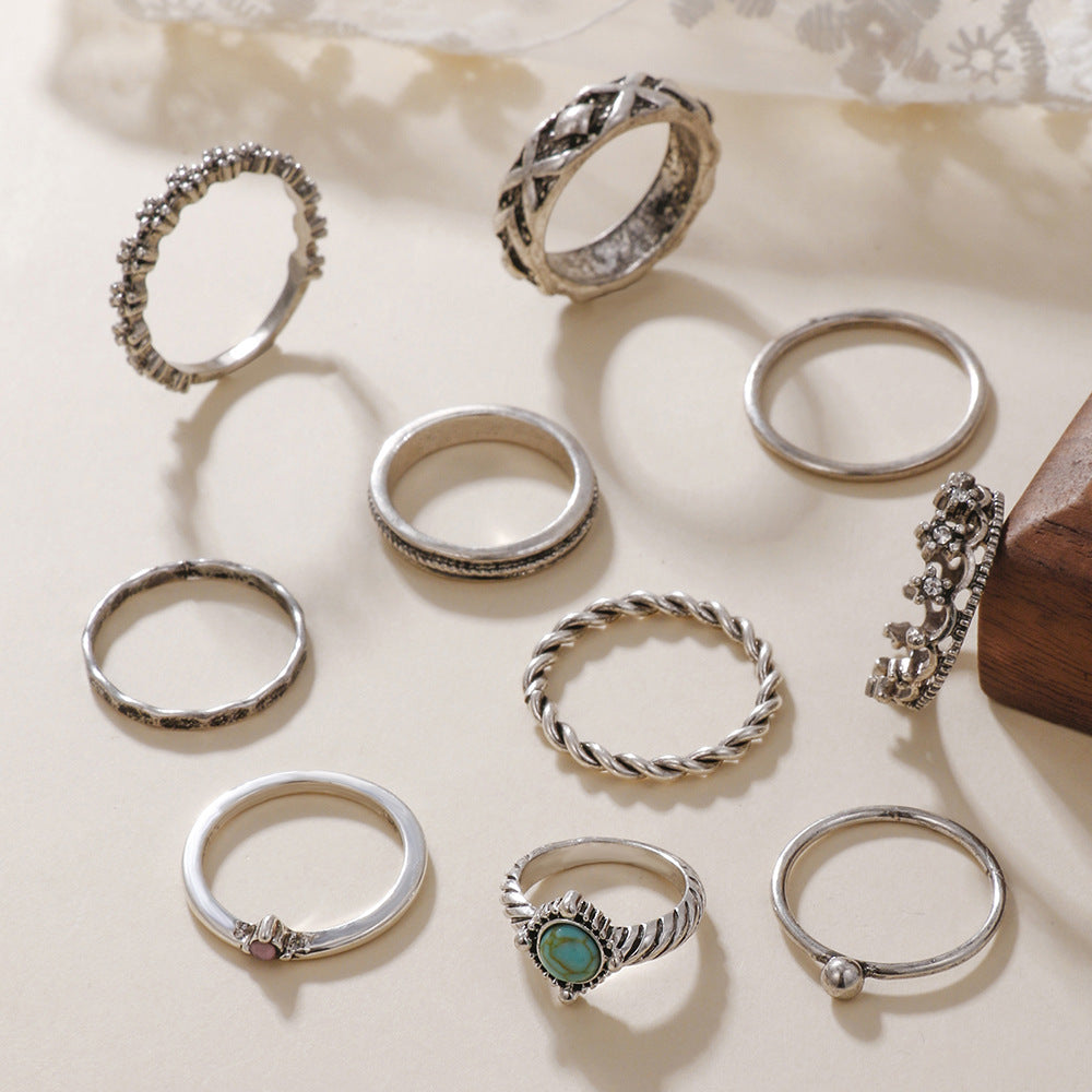Vintage Geometric Hollow Turquoise Inlay Alloy Ring Set