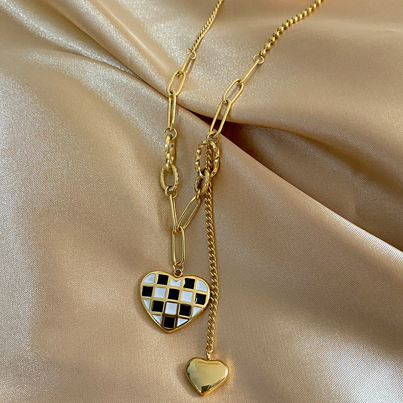 Checkered Heart Gold Plated Titanium Steel Necklace with Tassel for Unisex