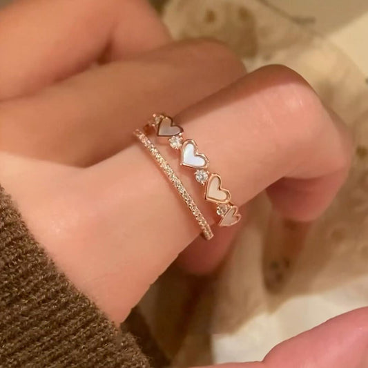 Anello doppio strato a cuore elegante e minimalista da donna in rame con intarsio di zirconi