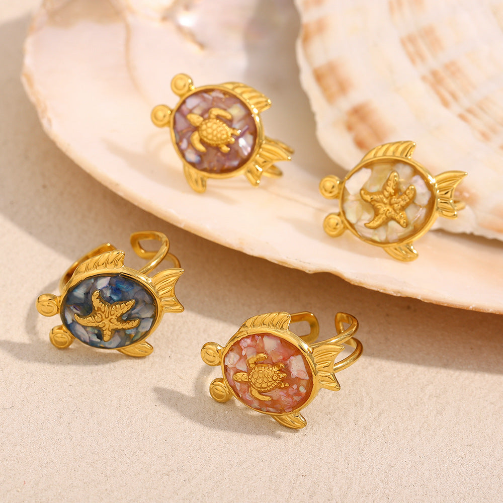 Anillo de acero inoxidable con forma de tortuga, baño de oro de 18 quilates y acabado esmaltado para mujer