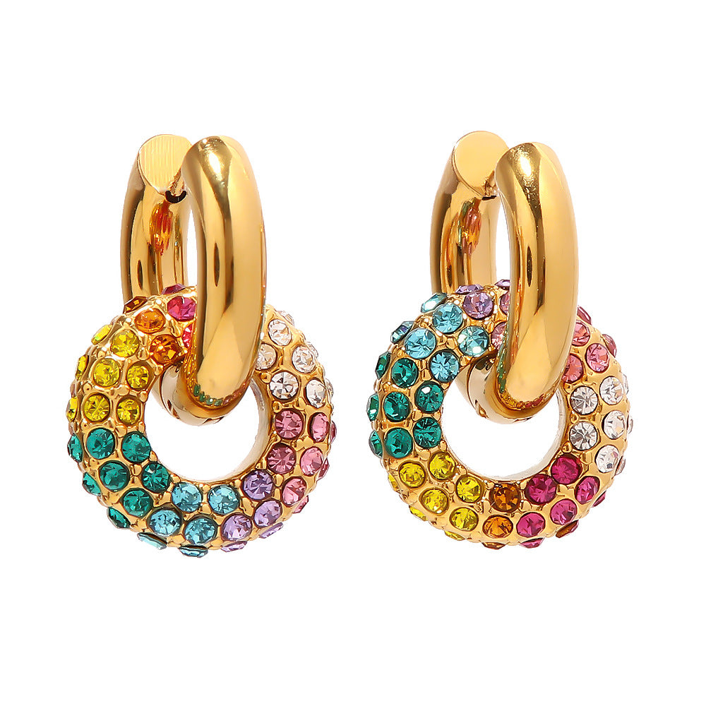 Colorful Rainbow Geometric Stainless Steel Earrings with 18K Gold Plating for Women