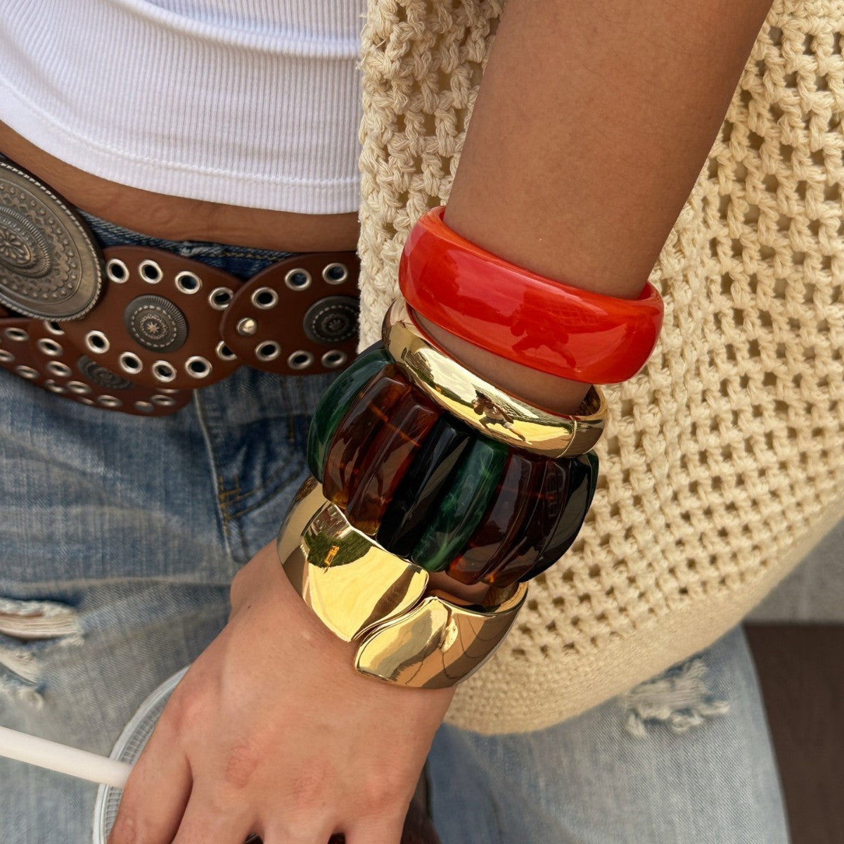 Vintage Geometric Alloy and Resin Plated Wide Cuff Bracelet