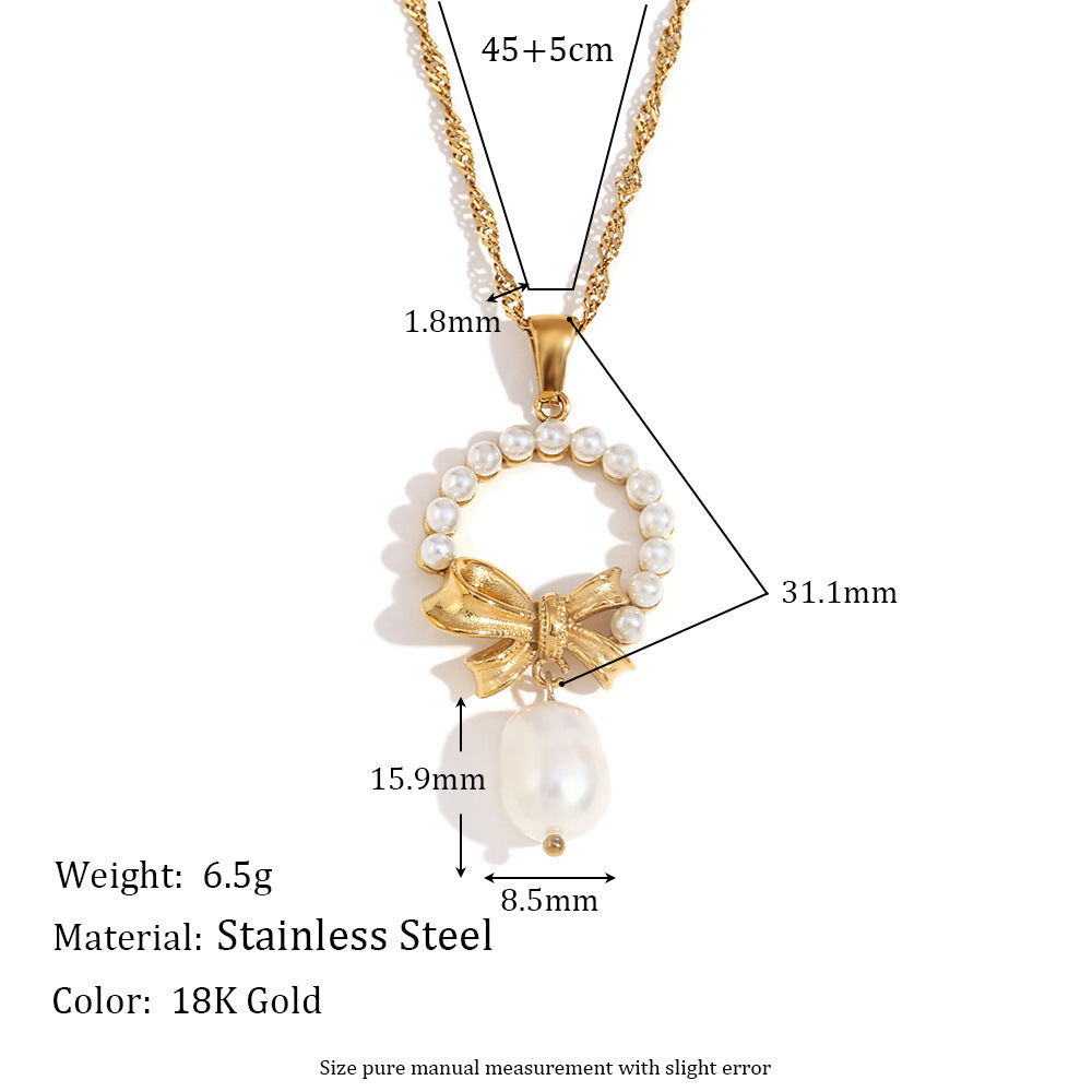 Vintage-Inspired Bow and Geometric Pendant Necklace for Women in Stainless Steel with 18K Gold Plating and Pearl Accents