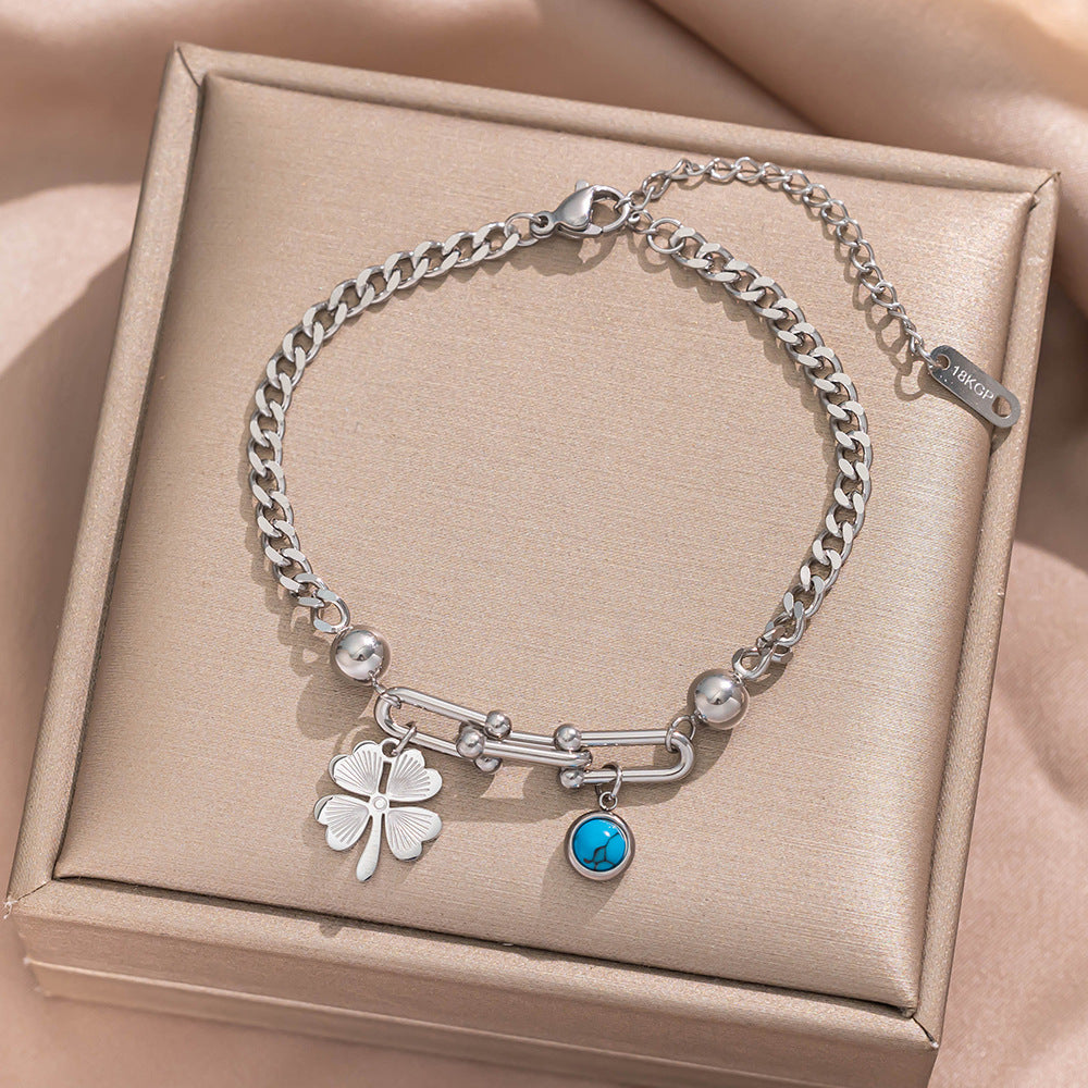 Geometric Stainless Steel Plated 18K Gold Butterfly-Shaped Bracelet with Turquoise Inlay and Horseshoe Clasp