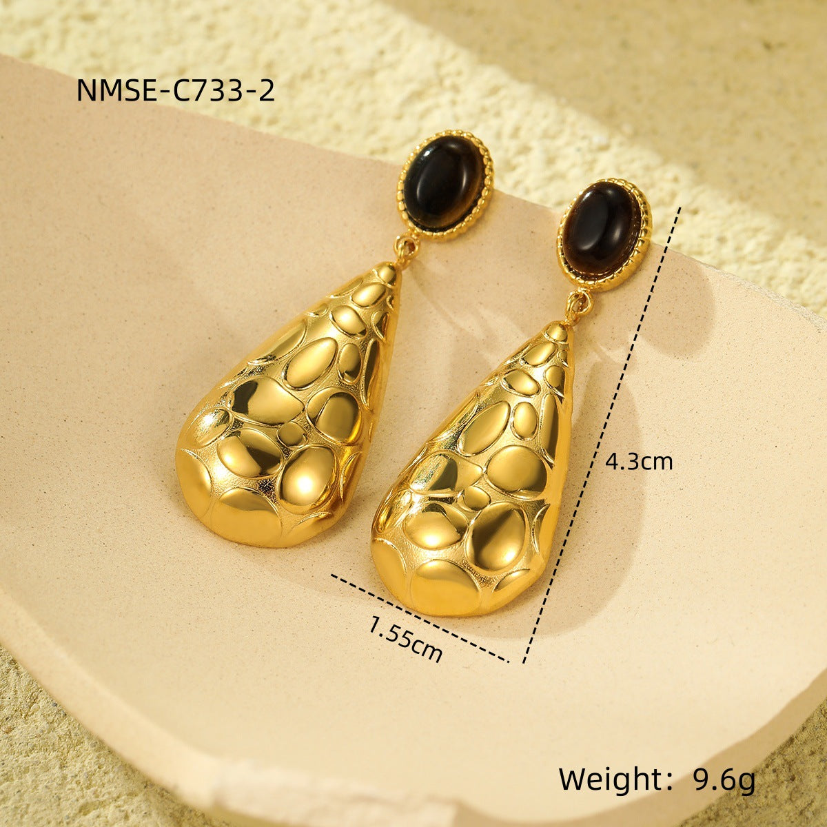 Fashionable Water-Drop-Shaped Stainless Steel Stud Earrings with Natural Stone Inlay and Plated Finish for Women