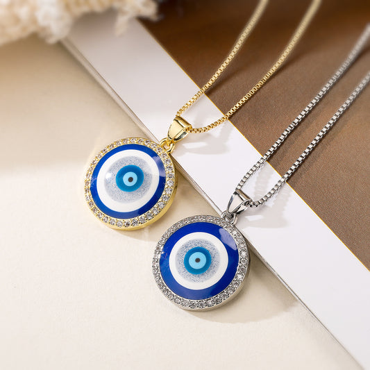Collar con colgante de ojo turco geométrico minimalista de latón con baño de oro e incrustaciones de circonita