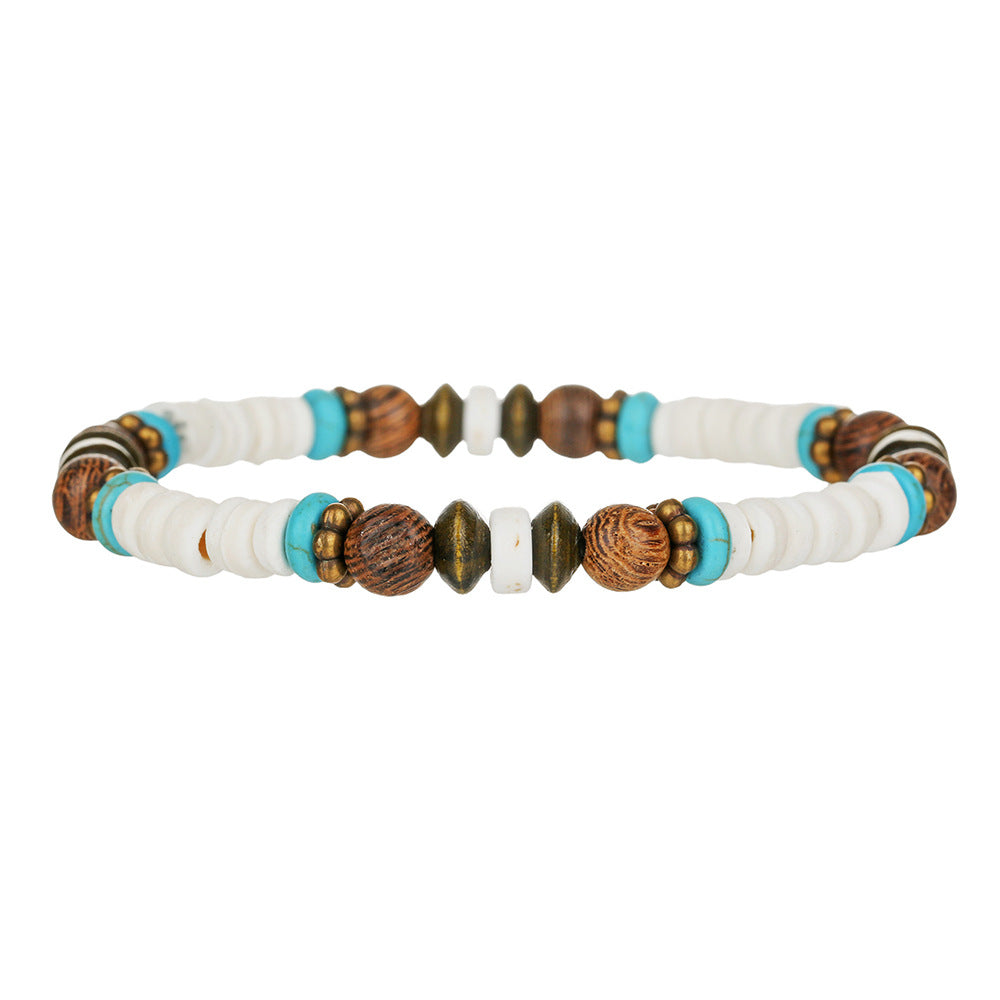 Bohemian Geometric Turquoise Wood and Coconut Shell Bracelet for Men