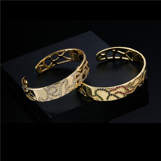 Geometric Brass Micro-Inlaid Cubic Zirconia Gold Plated Open Cuff Bracelet
