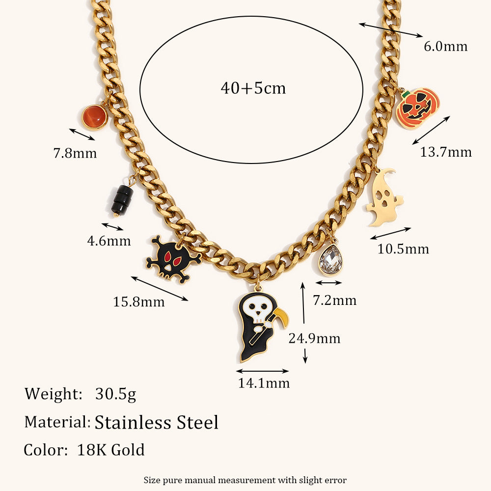 Cute Halloween Ghost and Grim Reaper Skeleton Pendant Necklace in Stainless Steel with 18K Gold Plating for Women