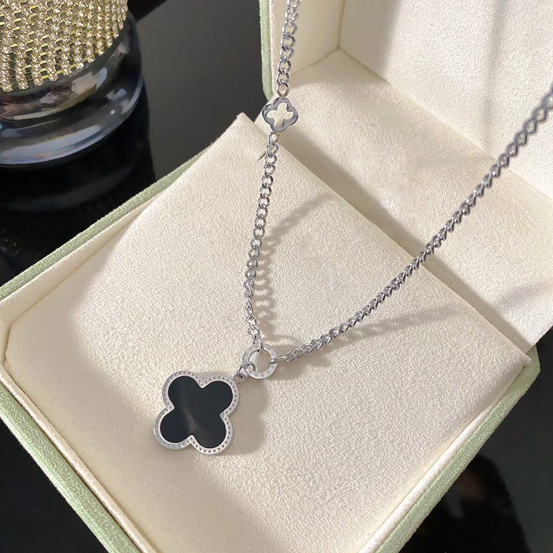 Layered Black and White Double-Sided Micro-Pave Shell Four-Leaf Clover Geometric Titanium Steel Long Necklace for Unisex