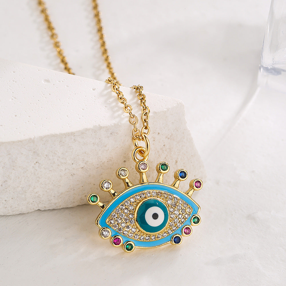 Minimalist Geometric Evil Eye Pendant Necklace for Women with Copper Base and Gold Plating, Enamel Finish and Zircon Inlay