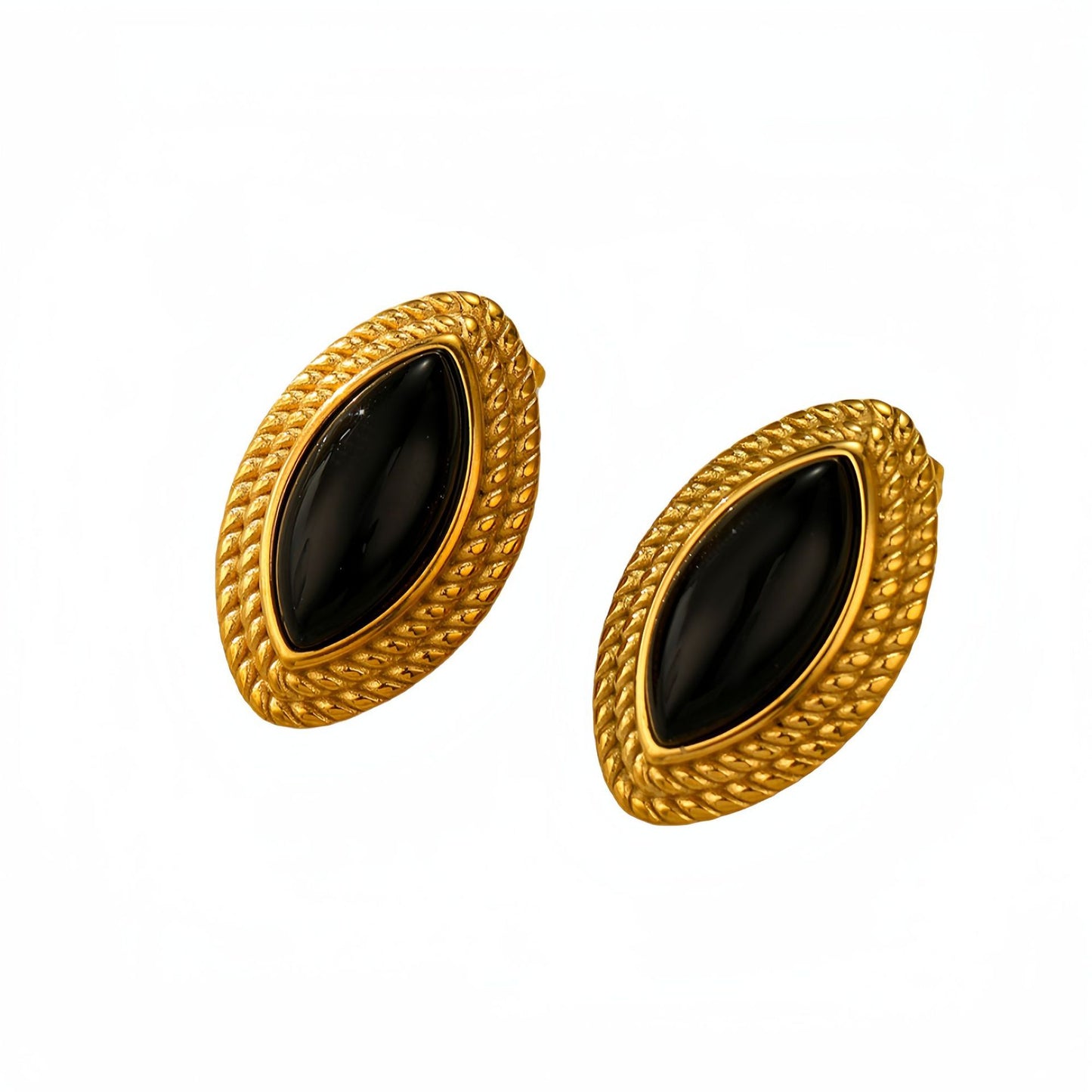 Orecchini da donna in acciaio al titanio con onice nero a forma di navette, minimalisti ed eleganti, con finitura placcata