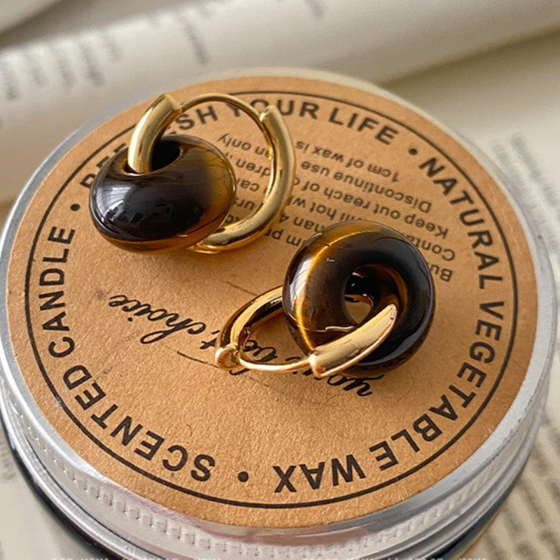 Pendientes de tuerca geométricos de ojo de tigre chapados en bronce mate para mujer, joyería de lujo minimalista artística vintage