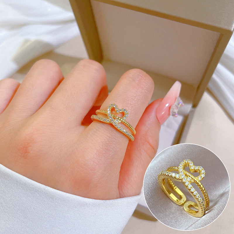 Luxury Minimalist Plated Brass Crown Rhinestone Adjustable Ring for Women