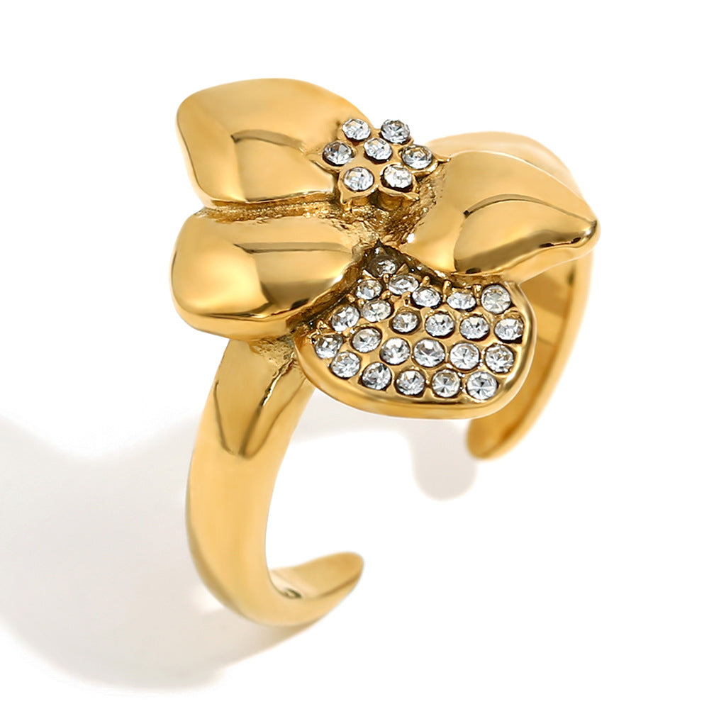 Elegant Asymmetrical Flower-Shaped Stainless Steel Ring with 18K Gold Plating and Rhinestone Accents for Women