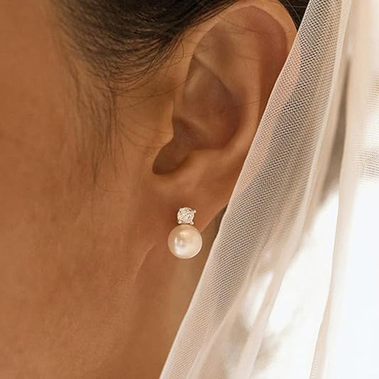 18K Gold Plated Geometric Round Pearl Stud Earrings Titanium Steel