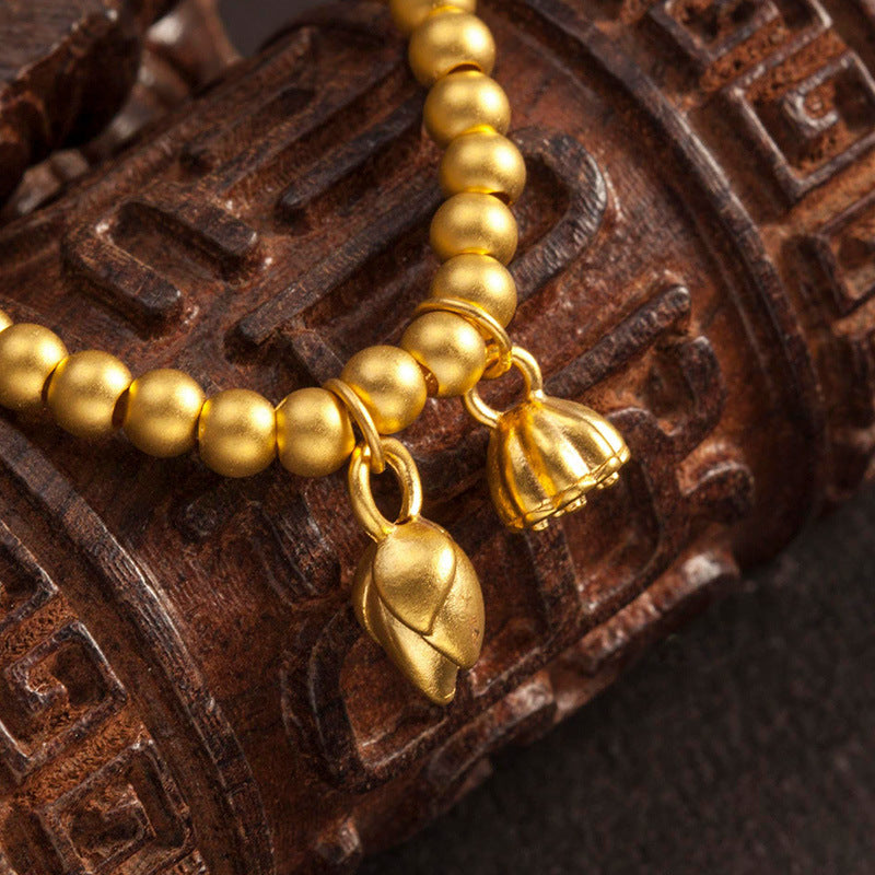 Bracciale con perline a forma di baccello e fiore di loto geometrico in stile lusso leggero, in metallo color oro e argento con cordino elastico