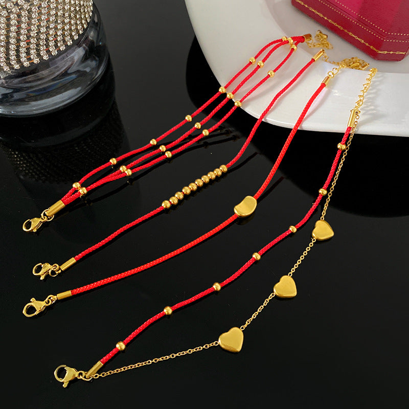 Luxury Elegant Heart Geometric Titanium Steel Polished Red Rope Bracelet for Women