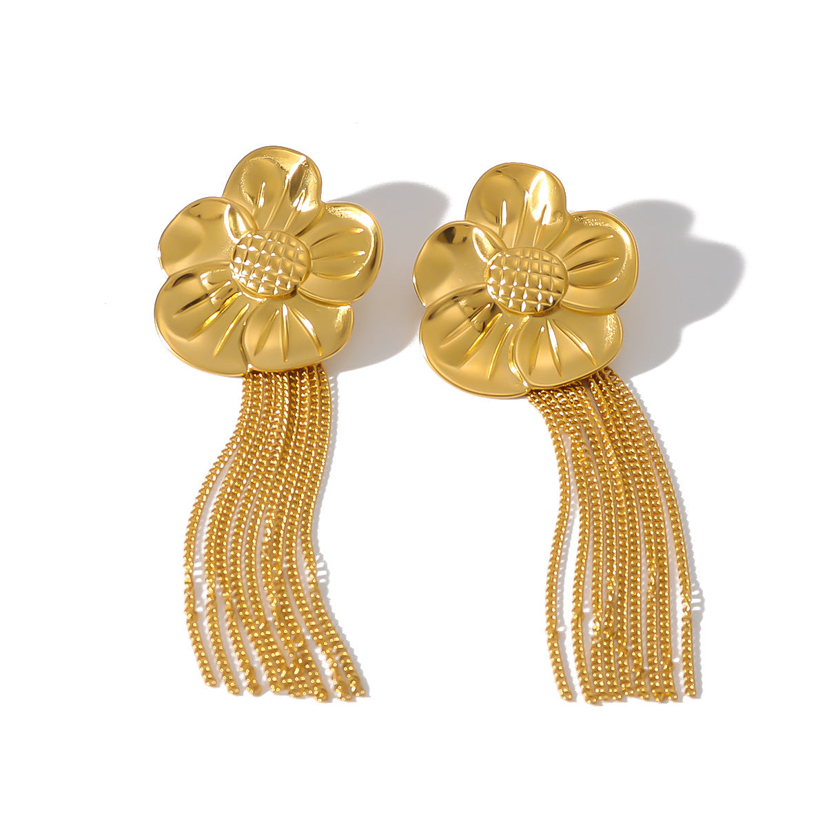 Pendientes minimalistas de acero inoxidable con forma de girasol, borlas y baño de oro de 18 quilates al vacío para mujer