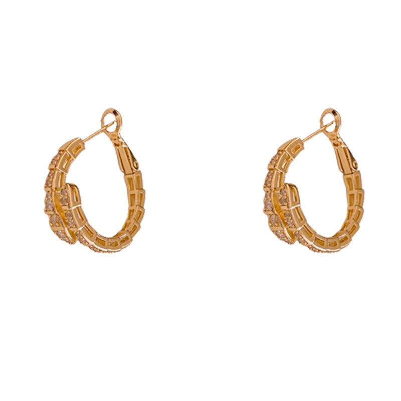 Chic Snake-Shaped Zirconia-Set Gold-Plated Copper Hoop Earrings for Women with Stainless Steel Posts