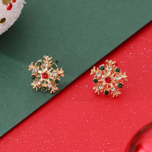Orecchini a perno natalizi a forma di fiocco di neve da donna, con intarsi in strass e placcatura in oro, a forma geometrica