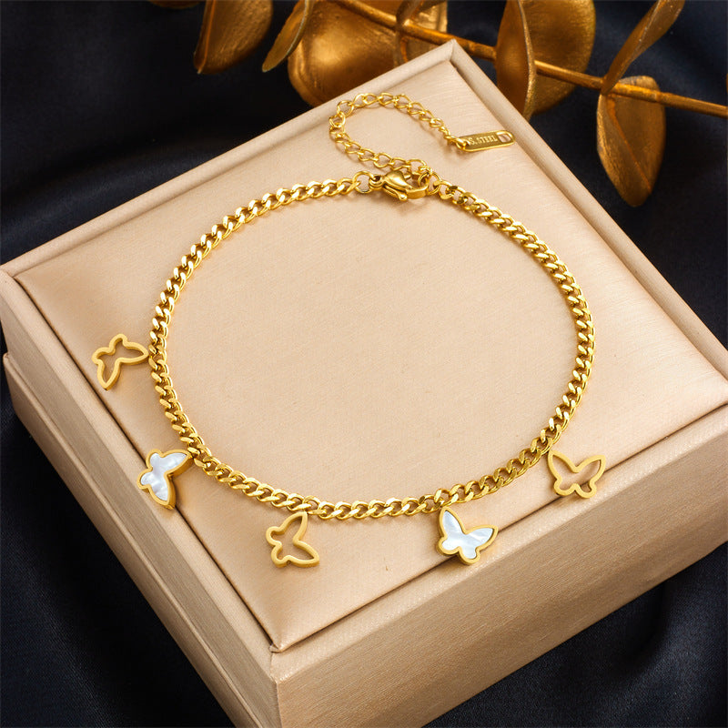 Fashion Heart White Shell Life Tree Butterfly Anklet for Women Stainless Steel Jewelry