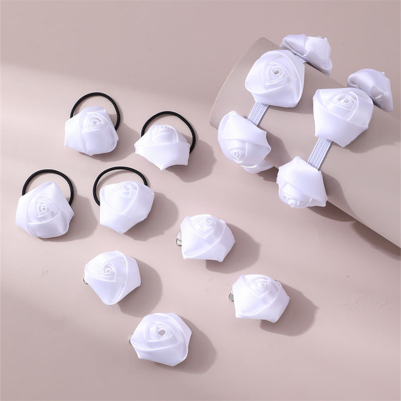 Conjunto de accesorios para el cabello de niña estilo INS con lazo de doble capa y rosa blanca 3D, que incluye pinzas para el cabello y gomas para el cabello