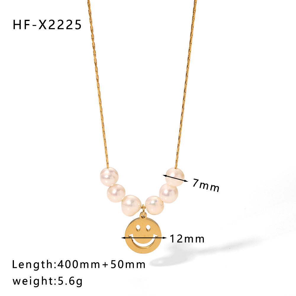 Minimalist Cat Eye Stone Zircon Pearl Smiley Face Necklace for Women in Titanium Steel with Plating Finish