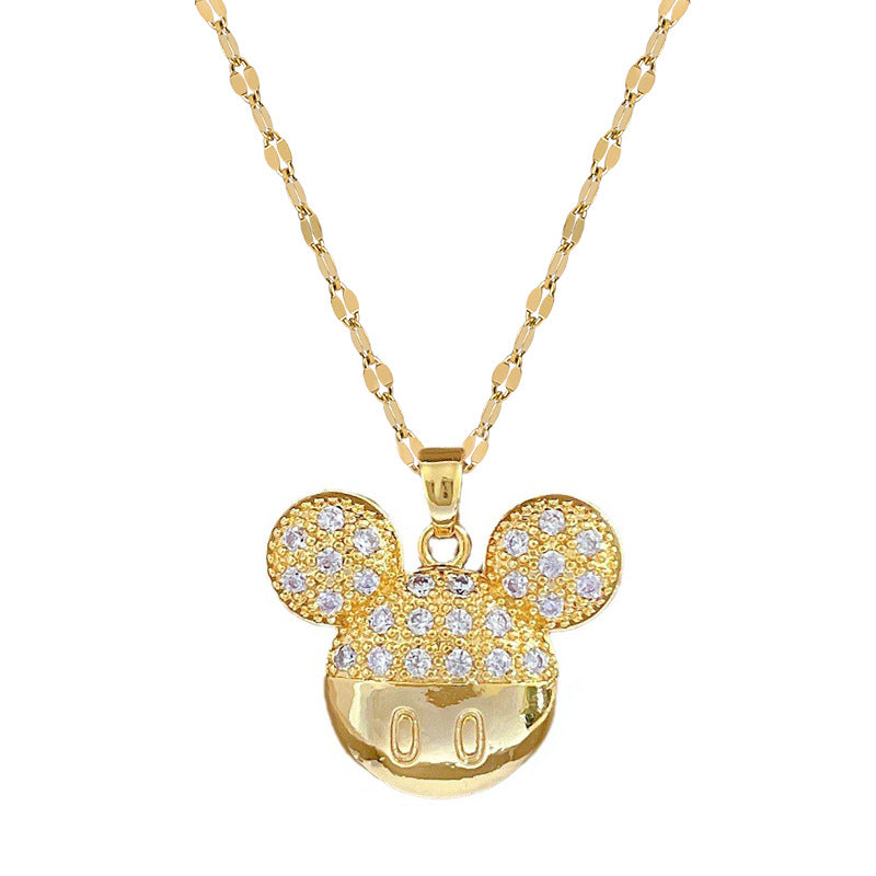 Luxury Titanium Steel Geometric Mouse Pendant Necklace for Women with Rhinestone Inlay, Adjustable Stainless Steel Chain, Minimalist Cute Locket Style